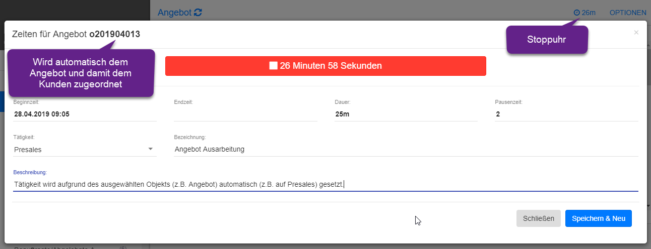 offer-cube Features Zeiterfassung mit Stoppuhr